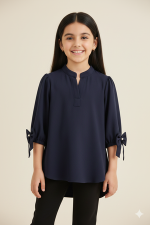 Girls Navy Blue Bow-Cuff Top