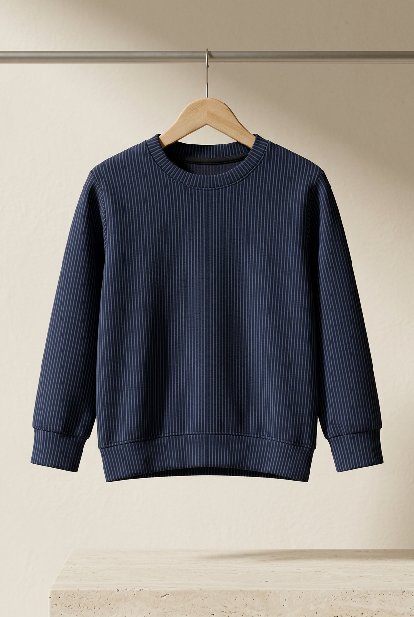 Navy textured sweatshirt hanging against a premium ivory background