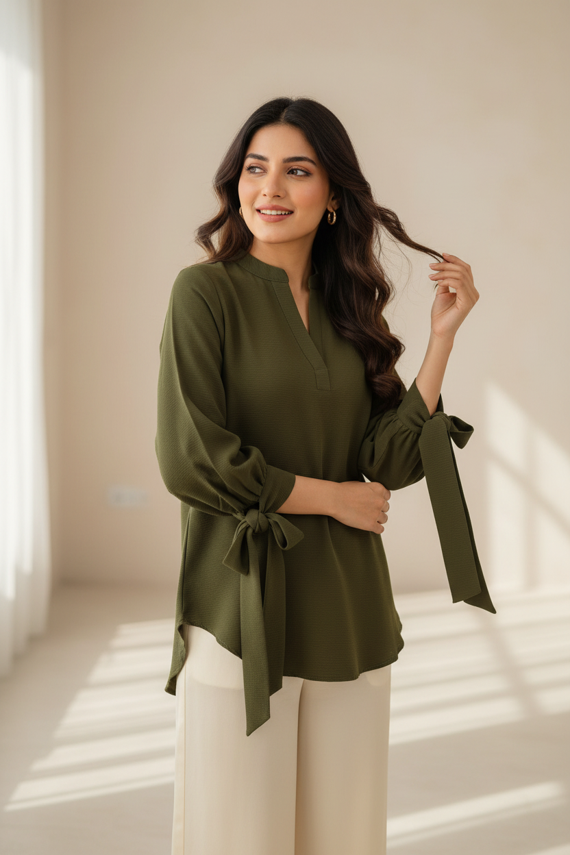 Olive Green Bow Top - Lifestyle Shot