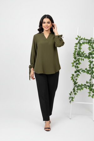 Olive Green Bow Sleeve Top & Black Trouser - Women's 2 Piece Coord Set