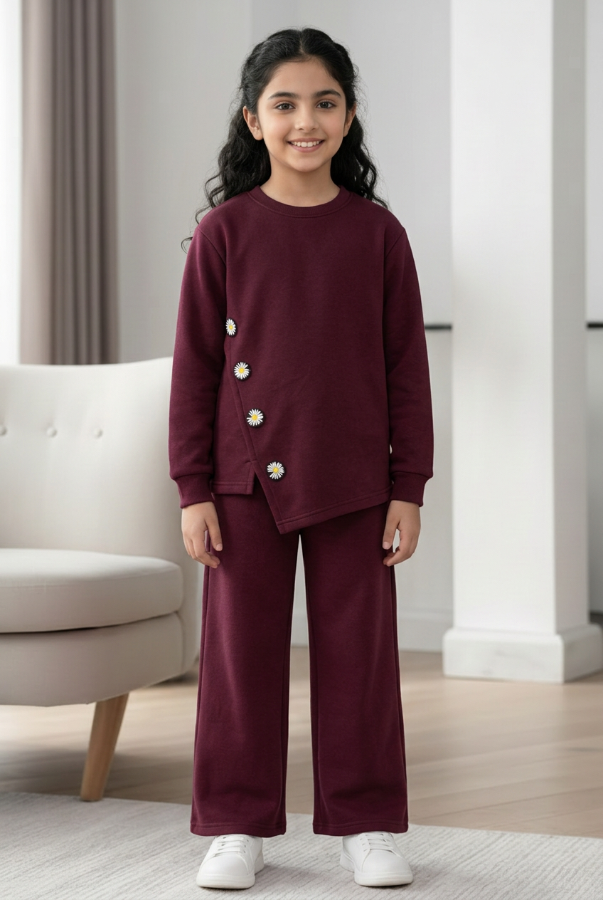 Pakistani girl wearing the burgundy floral wide-leg co-ord
