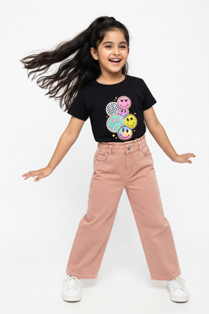 Girls Smiley Face Coord Set | Black Graphic Tee & Dusty Rose Wide-Leg Jeans
