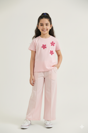 Girls Pink Floral Appliqué Co-ord Set – T-Shirt & pin tuck Trousers