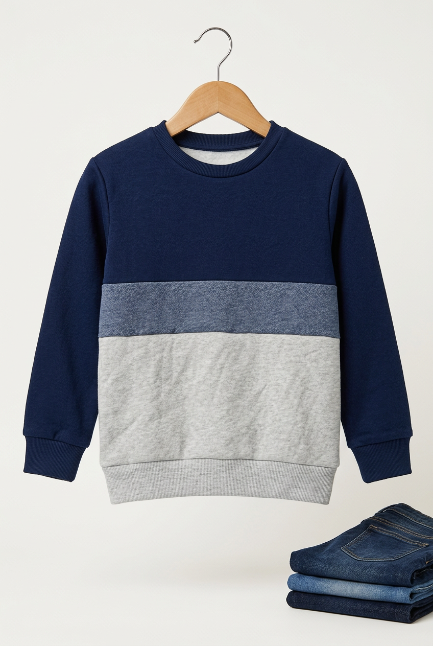 Professionally pressed kids sweatshirt beside stacked denim