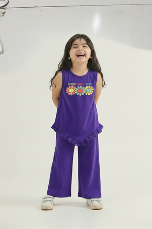 Girls Purple Ruffle Hem Coord Set | Sleeveless Top & Wide-Leg Trousers