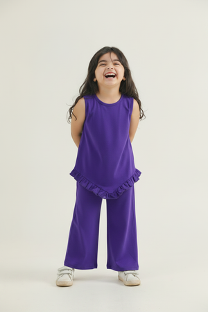 Girls Purple Ruffle Hem Coord Set | Sleeveless Top & Wide-Leg Trousers