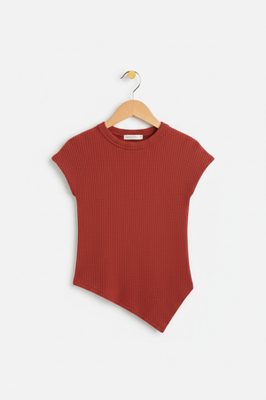 Asymmetric Ribbed Cap Sleeve Top — Rust Red