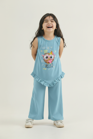 Girls Owl Graphic Ruffle Coord Set — Sky Blue