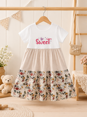 Sweet 3-Tier Girls Frock — White, Beige & Earthy Floral