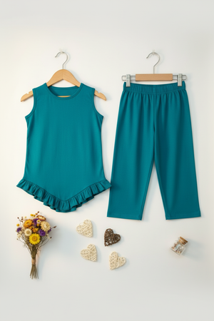 Teal Ruffle Hem Top & Trouser Girls Set