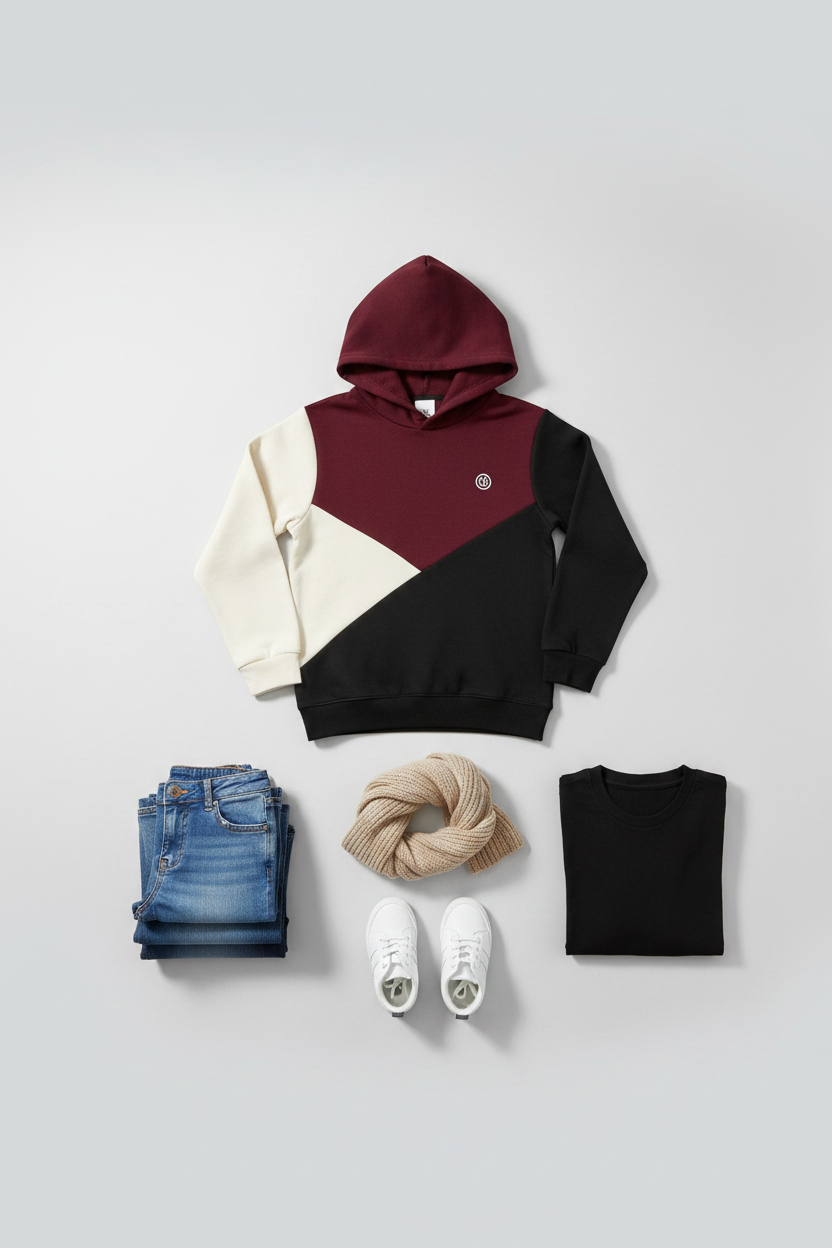 Tri-Color Colorblock Kids Hoodie – Full Outfit Styling